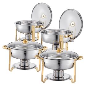 5 Qt 4 Pack Round Chafing Dish Buffet Set Full-Size Pan Stainless Steel Gold